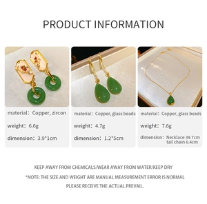 Infographic showing dimensions and materials for green teardrop earrings and necklaces