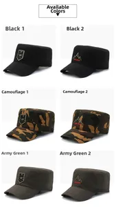 Selection of military flat top hats in black, camouflage, and army green cotton canvas