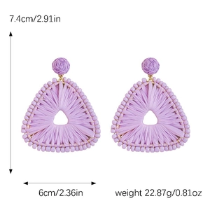 Detailed size specifications of purple raffia earrings with beaded trim and dimensions