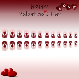 Valentine Red Heart French Press-On Nails with Silver Polka Dots 24pcs Medium Square
