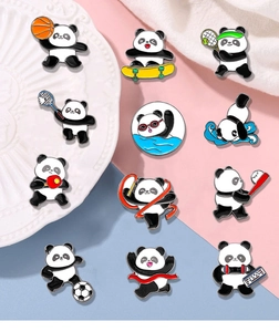 Grid layout of twelve alloy panda brooches featuring various sports on colorful background
