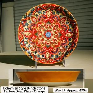 Bohemian Ceramic Deep Plate Underglaze Mandala Floral Soup Plate Dinnerware For Kitchen And Home Restaurant