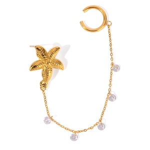 18k gold starfish earring with dangling crystals and connection chain design