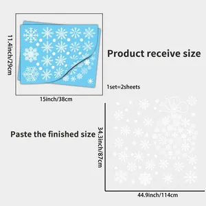 Detailed size guide for white snowflake window decals showing product dimensions and layout