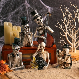 Halloween Skeleton Figurines Resin Gothic Home Decor Ornaments Musical Couple Thinking Poses Spooky Party Atmosphere