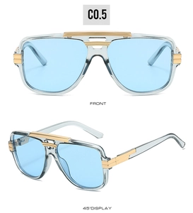 Front and side view of square aviator sunglasses with light blue lenses and gold metal accents