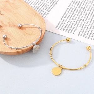 Minimalist 18K gold and silver plated coin charm open bangles in stainless steel