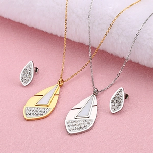 Elegant 18K gold plated geometric pendant necklace and crystal stud earrings set