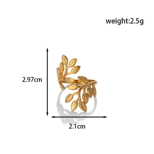 Gold stainless steel olive leaf adjustable open ring with dimensions 2.97cm by 2.1cm