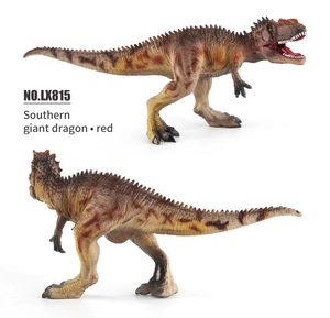 Detalle de textura del juguete dinosaurio Giganotosaurus con escamas realistas rojas