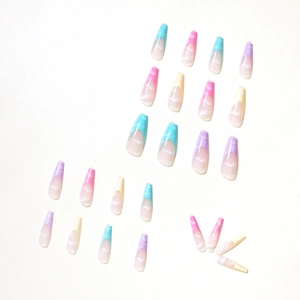 Rainbow cloud french ombre press-on nails with 24 piece macaron gradient coffin set