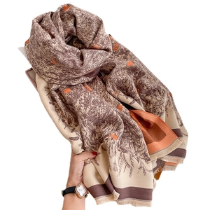 French vintage daisy cashmere scarf with brown and beige forest print and tassel edges