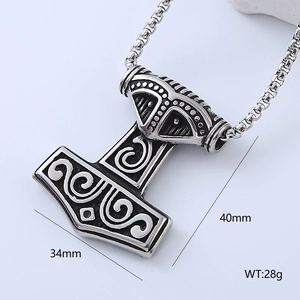 Hip hop Thor's Mjölnir hammer pendant in stainless steel with Viking engravings and box chain