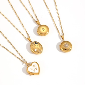 Golden stainless steel locket necklace collection featuring heart and moon celestial charms