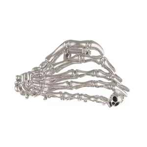 Gothic silver metal skeleton hand hair claw clip with skull detail for punk hair styling