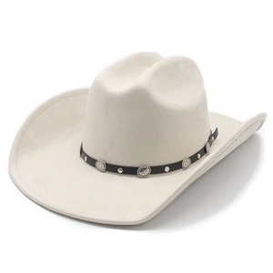 Classic cream faux suede western cowboy hat with studded leather band and silver conchos