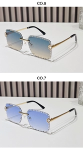 Detail of rimless square sunglasses with hand-set rhinestones and blue gradient lenses