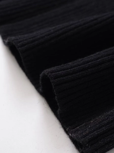 Close-up of black ribbed knit fabric showing the texture and quality of the midi dress