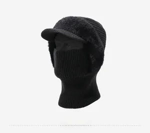Detail view of winter knitted balaclava with warm fleece lining and brim design
