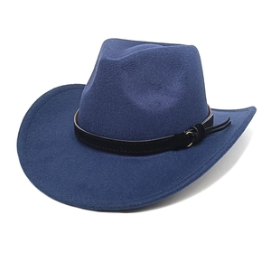Detail of dark blue cowboy hat with black leather band and gold buckle on a white background