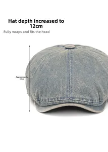 Detail view of 12cm depth measurement on washed denim beret with texture focus