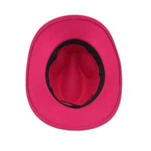 Inside view of rose red felt cowboy hat showing black sweatband and adjustable drawstring
