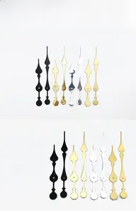 Detailed view of metal clock hands in black, gold, and silver finishes for DIY clocks
