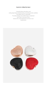Detailed display of four rhinestone heart-shaped mini evening bags in various colors