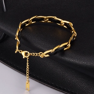 Fashionable 18K gold-plated metal woven chain bracelet with black leather cord and lobster clasp
