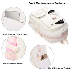 Detail view of pink and white backpack showing multiple pockets and anti-theft back pocket