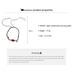 Detail specifications of the 78cm wax rope necklace with agate and rhodochrosite beads