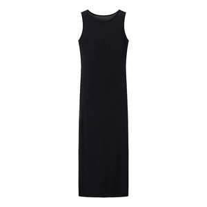 Detail showing the hemline fringe on a black sleeveless knit dress with a slim fit cut