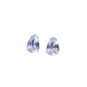Minimalist pear-cut cubic zirconia stud earrings with silver claw setting on white background