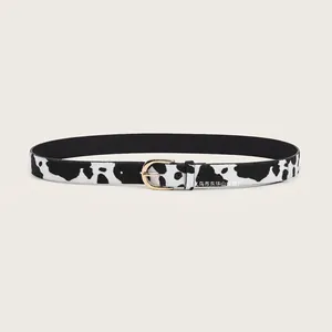 Cow print faux calf hair belt for women with elegant gold-tone metal pin buckle