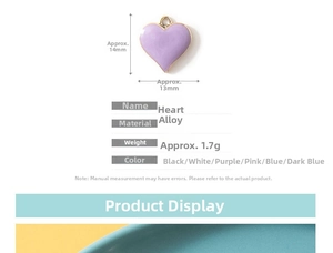 Detailed view of purple alloy heart pendant showing 14mm height and 13mm width dimensions