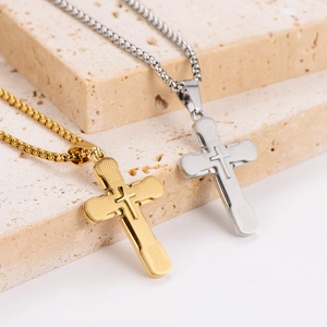 Minimalist double layer cross pendant necklaces in gold and silver stainless steel
