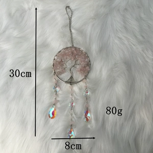 Detail of tree of life suncatcher showing 30cm length, 8cm diameter, and pink crystals