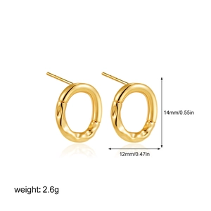 Detail view of gold oval earrings with textured finish showing 14mm x 12mm dimensions