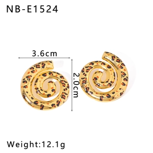 Detailed close-up of 18k gold-plated leopard print spiral earrings with dimensions