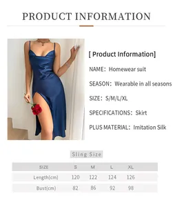 Size chart showing S to XL dimensions for the backless silk slip nightgown with high slit