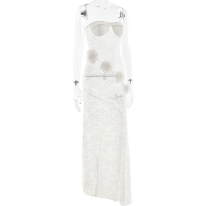 Close-up detail of white strapless dress with elegant 3D lace floral applique decorations