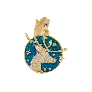 Golden round necklace with a deer pendant on dark blue starry enamel and sparkling rhinestones