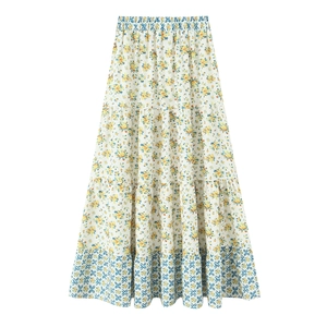 Detail shot of multi-layered floral maxi skirt with yellow and blue patterns