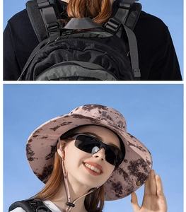 Detail of a pink tie-dye wide-brim sun hat with windproof rope and an outdoor backpack strap