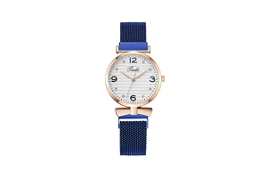 Detail of blue Milanese mesh strap with magnetic clasp and rose gold Tadi watch