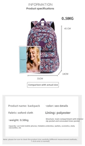 Detail view showing printed Oxford fabric backpack dimensions 45x31x14cm and large capacity