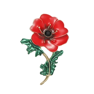 Exquisite red enamel poppy flower brooch with green leaves and gold metal accents