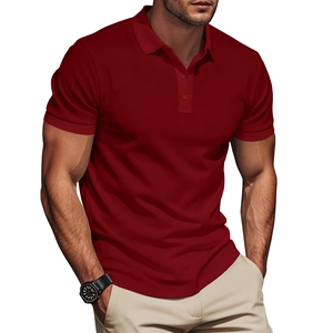 Detail of red men's polo shirt with waffle texture fabric and slim fit design