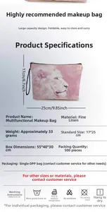 Detailed view of pink lion cosmetic bag made of fine linen fabric measuring 17x25cm