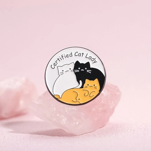 Cute Certified Cat Lady enamel pin with three kittens on pink crystal background